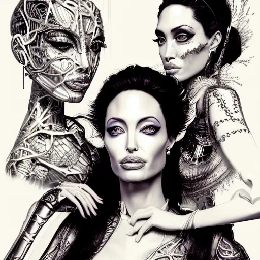 Image similar to the portrait of an absurdly elegant, sophisticated, fashionable ottomanpunk robotess idol, an ultrafine hyperdetailed illustration of angelina jolie and megan fox by kim jisu, intricate linework, neon wiring, electronics, porcelain skin, unreal engine 5 highly rendered, global illumination, radiant light, detailed and intricate environment, by rutkowski, artgerm, marvel comics
