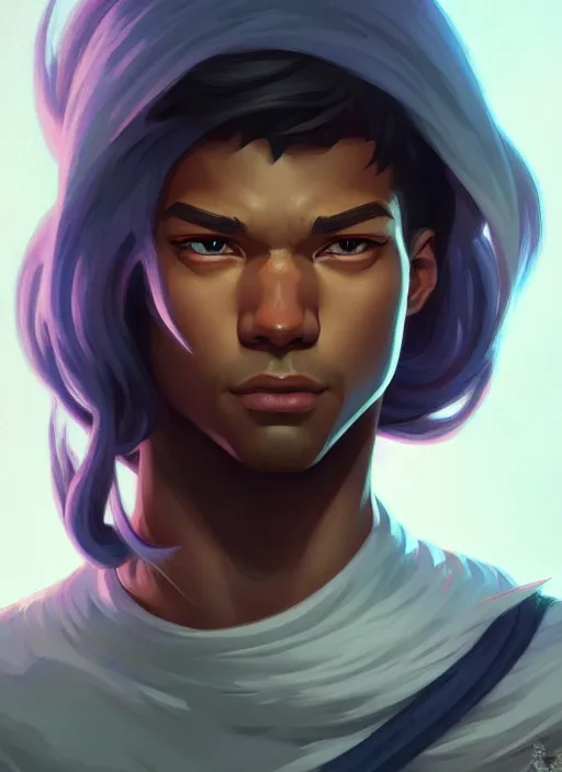 Image similar to portrait of finn from adventure time, d & d, muscular, fantasy, intricate, elegant, highly detailed, digital painting, artstation, concept art, smooth, sharp focus, illustration, art by artgerm and greg rutkowski and alphonse mucha