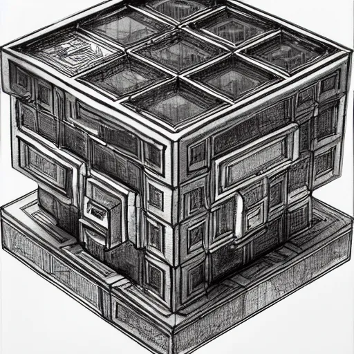 Image similar to architectural drawing, ancient chinese architecture, rubix cube house concept, rubix cube by by gabe kralik, artstation, fine detail