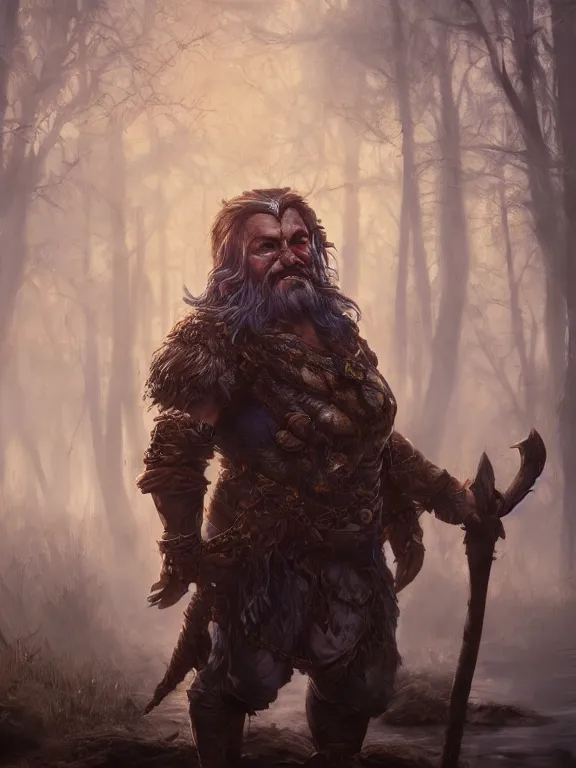 Image similar to Frightened Archer High Fantasy Dwarf treading through Haunted Swamp with Glowing Lights, RPG Portrait Reference, Oil Painting, Trending on Artstation, octane render, Insanely Detailed, 8k, HD