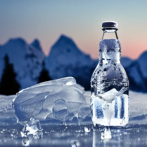 Prompt: an award - winning advertisement photo of a water crystal bottle with a snowy mountain and ice, drammatic lighting, sigma 5 0 mm, ƒ / 8, behance