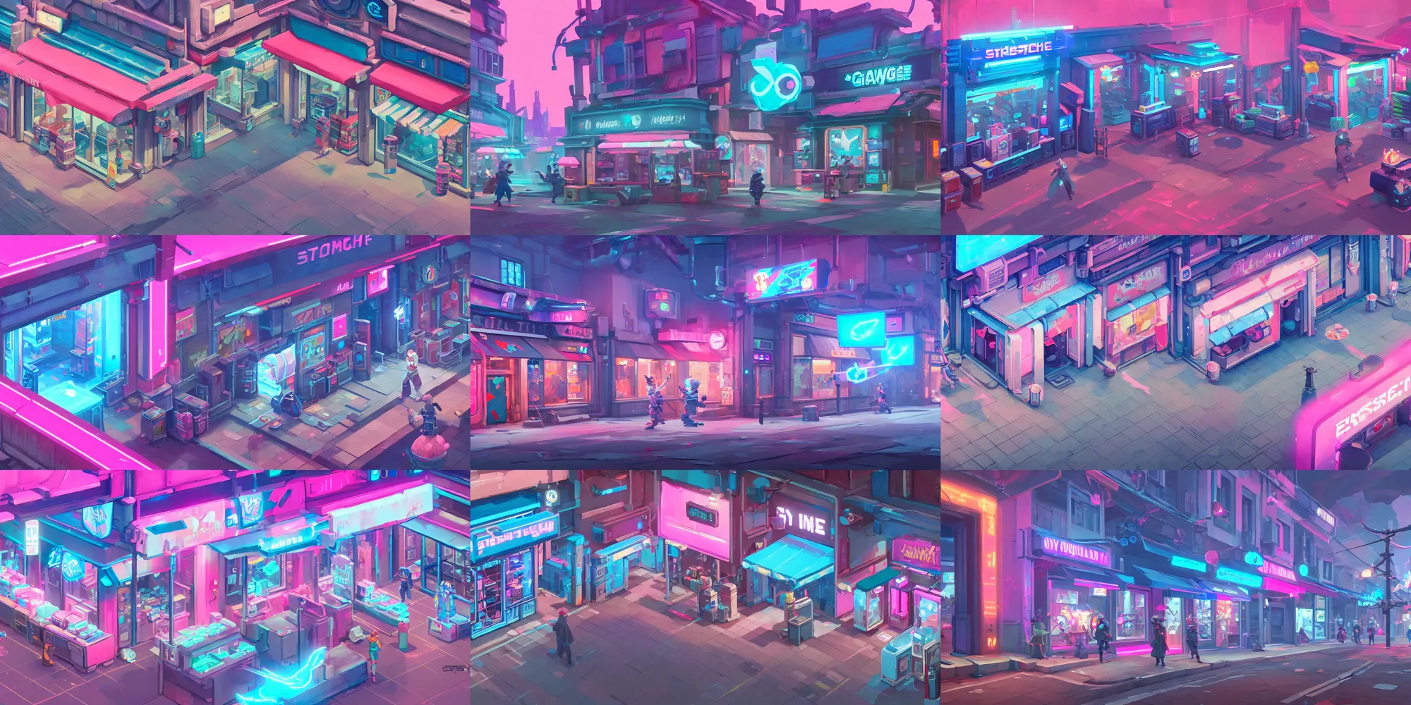 Prompt: game asset of electronic store fronts, in gouache detailed paintings, props, stylized, 2 d sprites, kitbash, arcane, overwatch, blue and pink color scheme, 8 k, close up