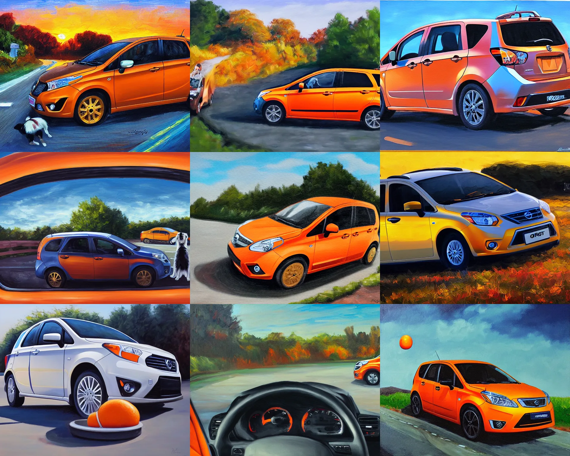 Prompt: border collie dog paws on wheel of orange nissan note, car moving fast, realistic painting, golden hour, james gurney