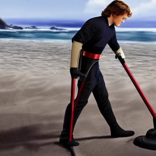 Prompt: anakin skywalker vacuuming the beach for sand, 4k, photorealistic,