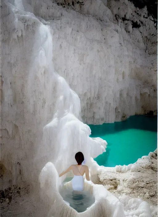 Image similar to Kodak Portra 400, 8K, soft light, volumetric lighting, highly detailed, Kasumi Arimura style 3/4 ,portrait photo of Japanese Goddess, the face emerges from Pamukkale, thermal waters flowing down white travertine terraces, inspired by Ophelia paint , a beautiful luxurious celestial suit and hair are intricate with highly detailed realistic beautiful flowers , Realistic, Refined, Highly Detailed, ethereal outdoor pastel lighting colors scheme, outdoor fine art photography, Hyper realistic, photo realistic