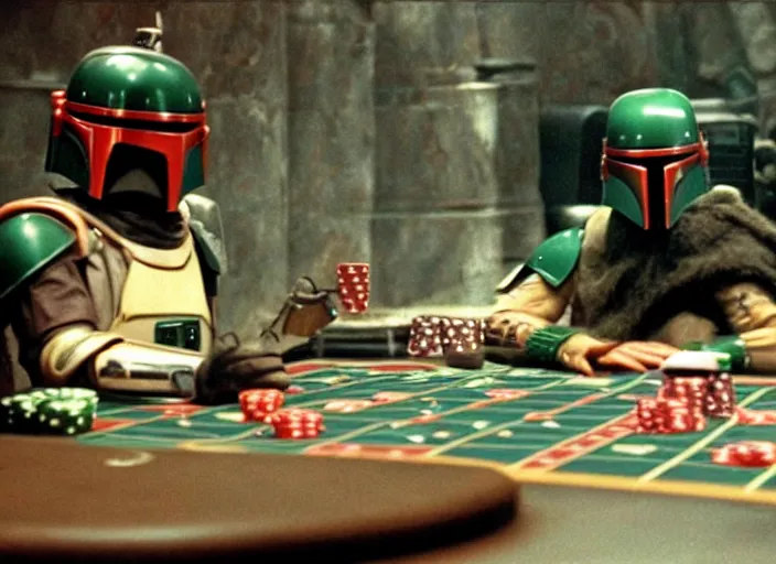 Image similar to film still of Boba Fett gambling in vegas in the Phantom Menace 1999