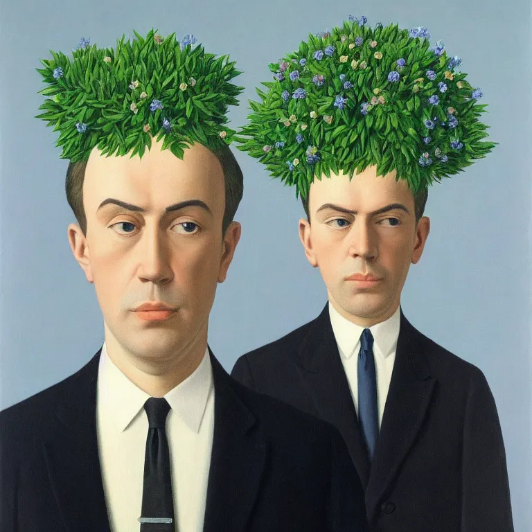 Image similar to portrait of man in a suit with flower head by rene magritte, detailed painting, hd, hq, high resolution, high detail, 4 k, 8 k