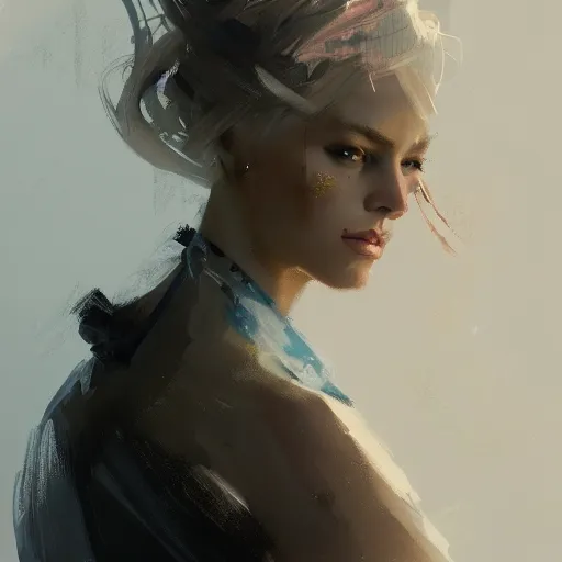 Image similar to a beautiful portrait of a fashion woman by greg rutkowski and bill sienkiewicz trending on artstation