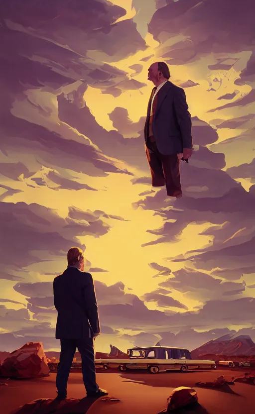 Image similar to saul goodman, poster of better call saul, vintage, matte painting, illustration,, by rhads, by greg rutkowski, by greg tocchini, by james gilleard, by joe fenton