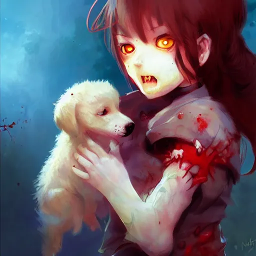 Image similar to A cute zombie playing with a puppy by Marc Simonetti, beautiful anime portrait, official artwork, stylistic, Touhou character, brush strokes, oil, canvas