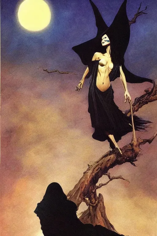 Prompt: portrait of a young witch in a black robe sitting on the ground with a full moon in the sky overhead, highly detailed, by frank frazetta and boris vallejo