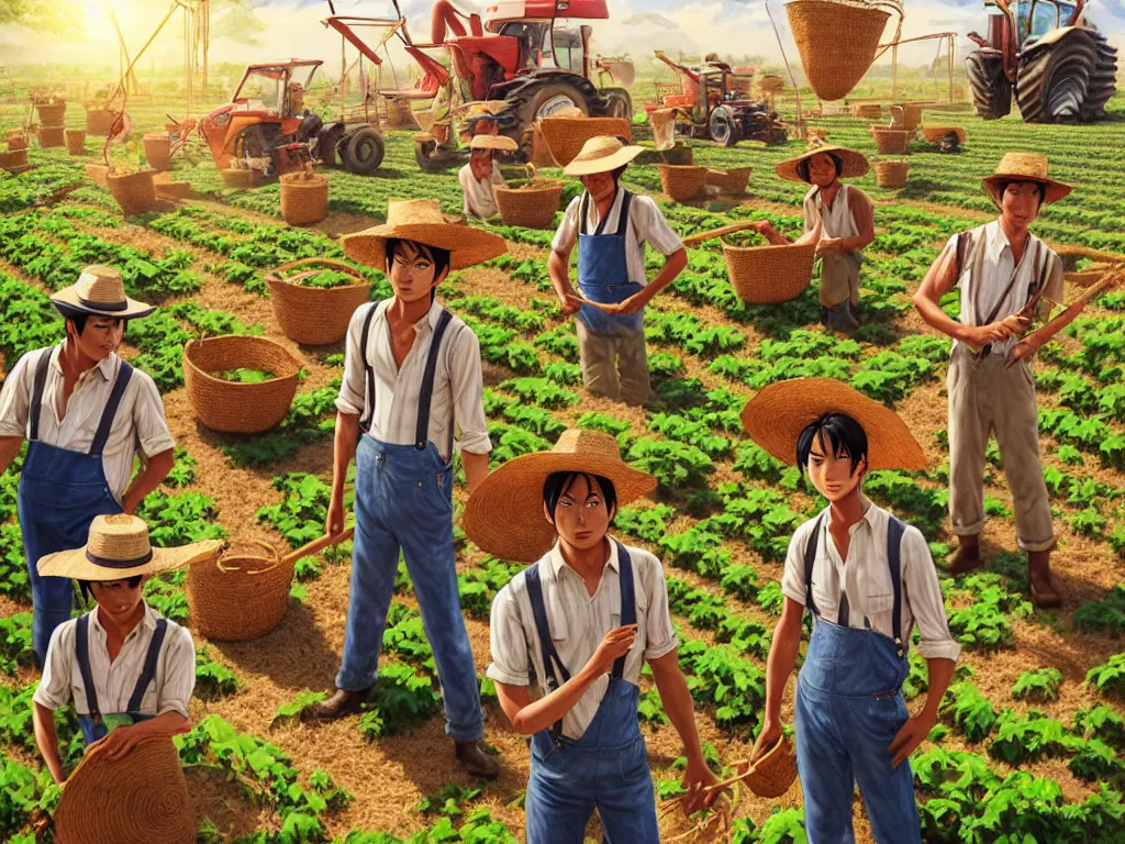 Image similar to mandragora farmers working on the sunny day, wearing a suspenders and straw hats, artgerm, artstation, art by hiroaki samura and jiro matsumoto and yusuke murata, box office hit, movie poster, unreal engine, octane render, sharp focus, high quality, highly detailed 8 k