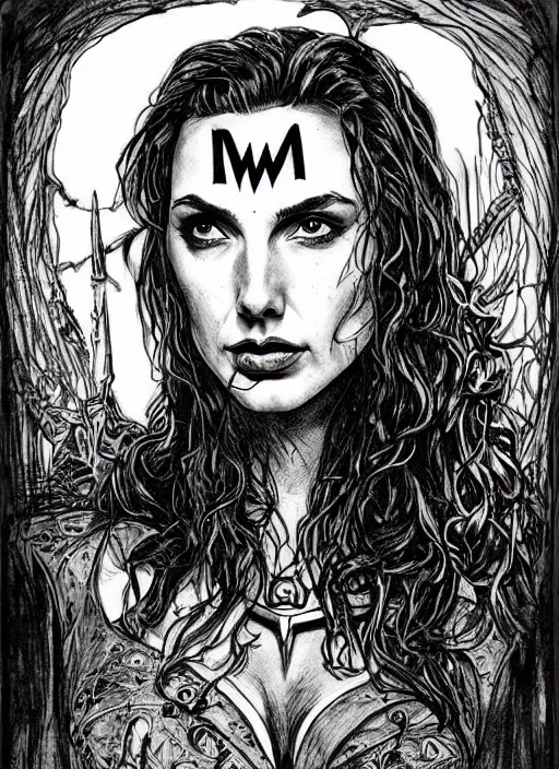Image similar to beautiful portrait commission of a beautiful Gal Gadot as a dark wizard in a vintage gothic style. character design by ralph steadman, detailed, inked, western comic book art