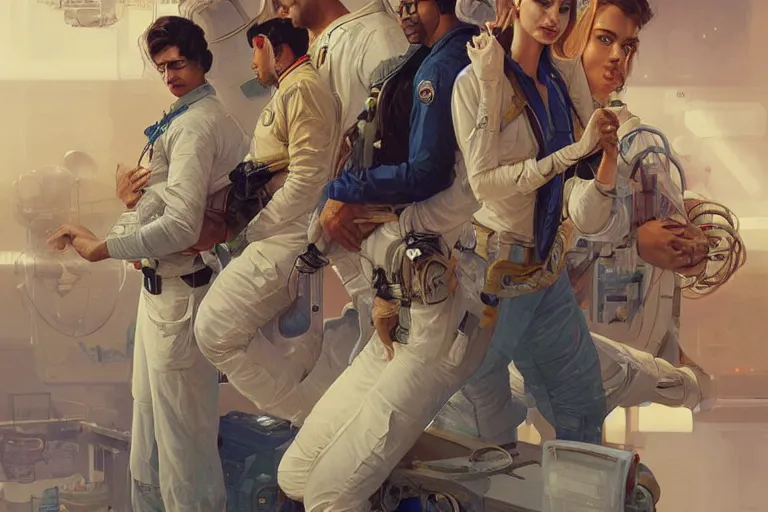 Image similar to Exhausted good looking pale young Indian doctors wearing jeans in a space station above Earth performing surgery, portrait, elegant, intricate, digital painting, artstation, concept art, smooth, sharp focus, illustration, art by artgerm and greg rutkowski and alphonse mucha