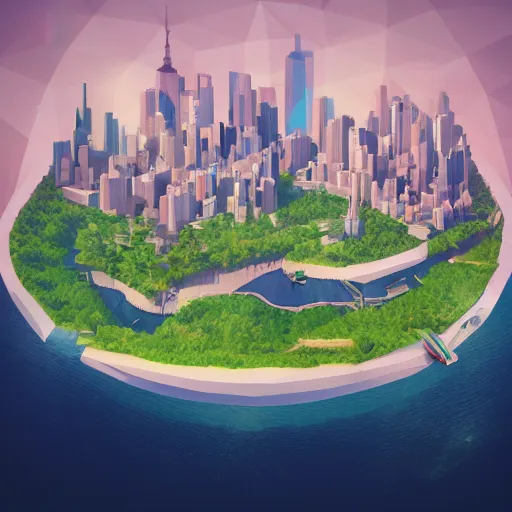 Image similar to new york city on a floating island in the sky, low poly art, isometric art, 3d render, ray tracing, waterfall, high detail, artstation, concept art, behance, smooth, sharp focus, ethereal lighting