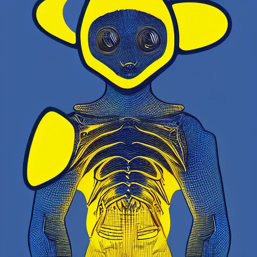 Image similar to human man that resembles a wasp morh in surreal sketch style, blue and yellow gradient, noise, ultrafine detail, hd 8k, logo illustration