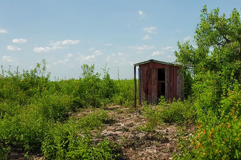 Prompt: An abandoned shed in a post-apocalyptic wasteland, overgrown, summer, flowering plants sprouting up, coveered in porcelain vine, amur honeysuckle shrubs, several juniper trees, marshland, 53 F August 12th 2432