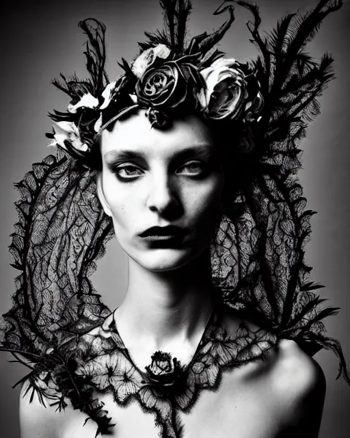 Image similar to surreal dark poetic black and white photo portrait of complex bio-mechanical beautiful young silver female vegetal-cyborg with a fur metal fine lace face, a very long neck and a fine metal floral foliage super big gothic lace collar and high floral crown by Vivienne Westwood:: smoke, high fashion, haute couture, rococo, avant-garde, dry black roses, silver filigree details, anatomical, facial muscles, cable wires, microchip, elegant, dreamy, foggy atmosphere, hyper realistic, 150 mm lens, soft rim light, octane render, unreal engine, picture was taken in 1910 by Man Ray, volumetric lighting, dramatic light,8k,