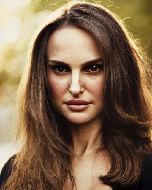 Image similar to Beautiful Head and shoulders portrait of confident flirty Natalie Portman with straight long brown hair, by Zoë Mozert , Stephen Wayda , alberto Vargas, arney freytag, artstation, 35mm, fashion photoshoot, posing in an urban street, golden hour, bokeh, rim lighting, fashion pose, octane, 4k