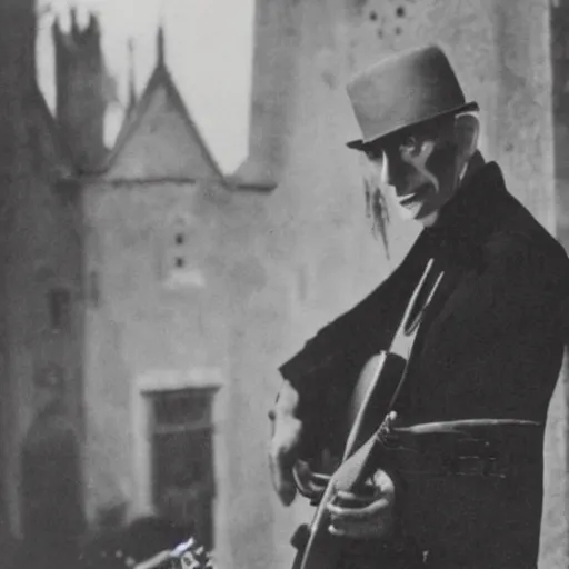 Image similar to vintage photograph of count orlok outside his castle, playing the blues on guitar, castle in the background, 4 k