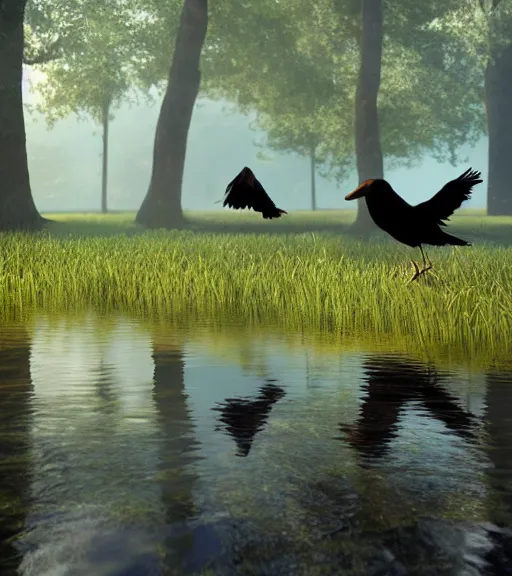 Image similar to the reflection of three crows standing in a boat in a swamp, volumetric lighting, fog, majestic light, octane render, ethereal glare of the sun, hyperrealistic, epic, masterpiece, by makoto shinkai