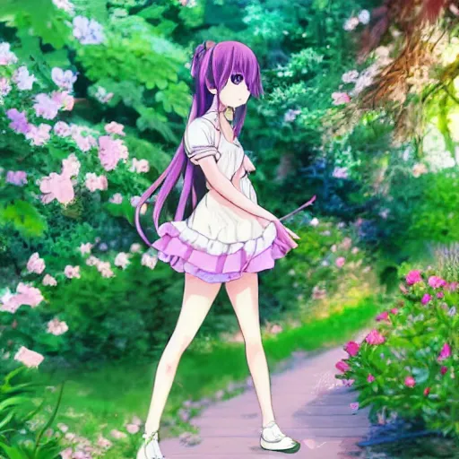 Prompt: cute art of a beautiful anime girl walking in the garden, aesthetically pleasing, detailed,
