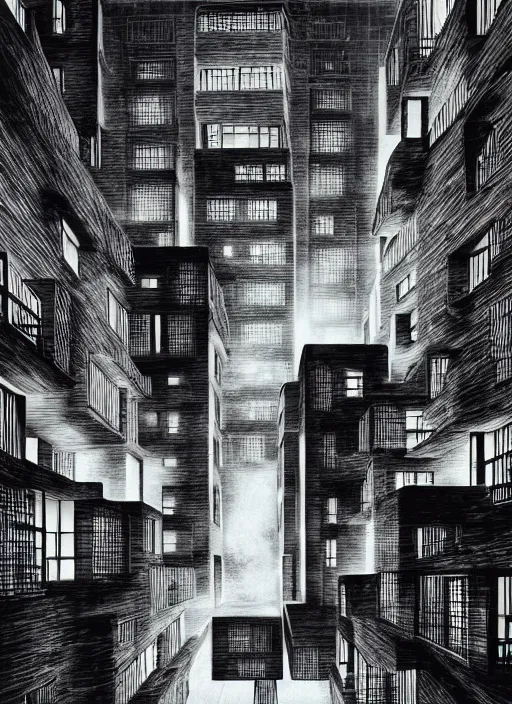 Image similar to habitat 67 city on fire, Mads Berg, Karolis Strautniekas, James Yang, film noir, stippled light, dramatic lighting,editorial illustration, detailed, matte print, a lone man