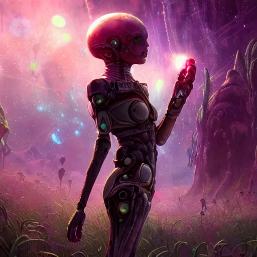 Image similar to ultra realistic illustration of android fairy, alien homeworld, swamps, advanced technology, ants, special effects, colorful lights, space ship in the distance, intricate, highly detailed, digital painting, artstation, concept art, smooth, sharp focus, illustration, art by akihiko yoshida and tim mcburnie and anato finnstark