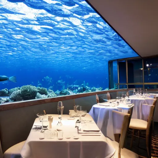 Prompt: michelin star restaurant interior, kitchen pass an underwater view of pristine seas with fish shoals