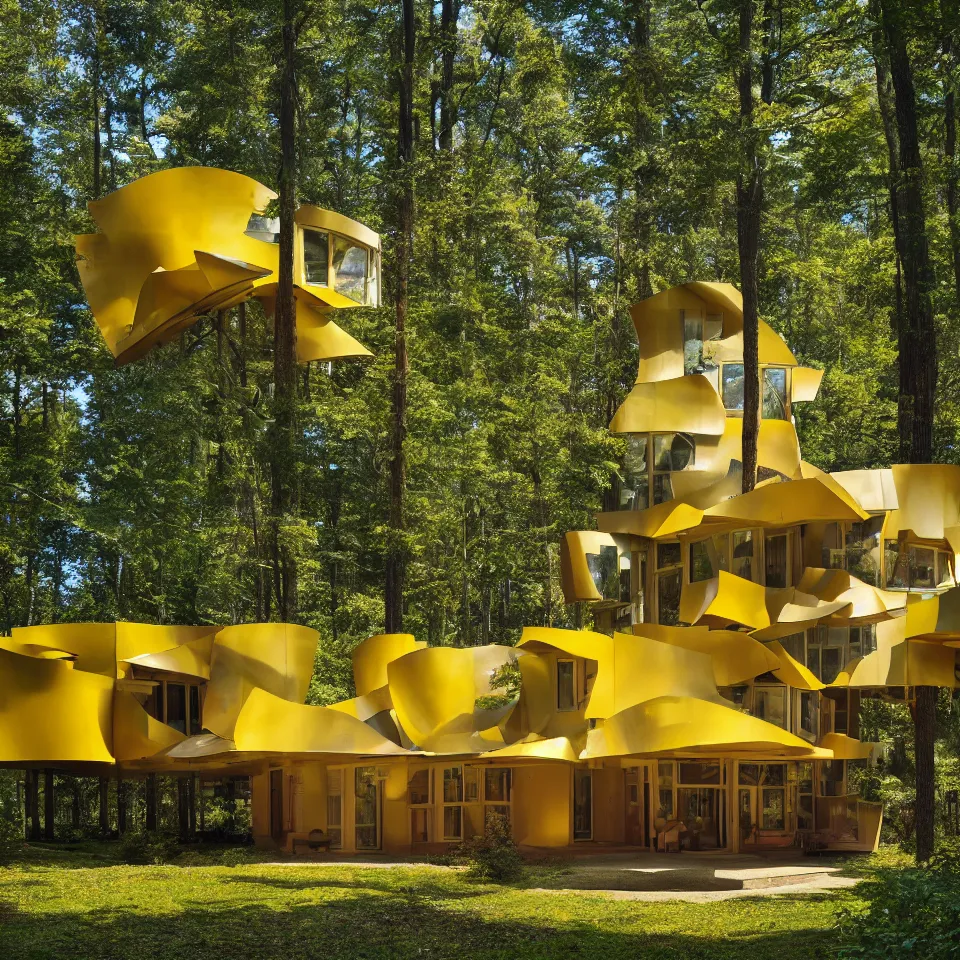 Image similar to architecture ad for a mid-century modern house in the middle of the forrest, designed by Frank Gehry. Film grain, cinematic, colorized, yellow hue