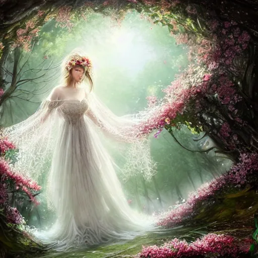 Image similar to a picture of a beautiful woman in a white lace dress and covered in flowers and leaves sitting overlooking an enchanted forest, high fantasy, elegant, epic, detailed, intricate, digital painting, concept art, realistic detailed face, smooth, focus, volumetric light through the trees,