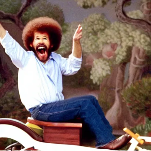 Image similar to bob ross screaming while riding on a rocking horse