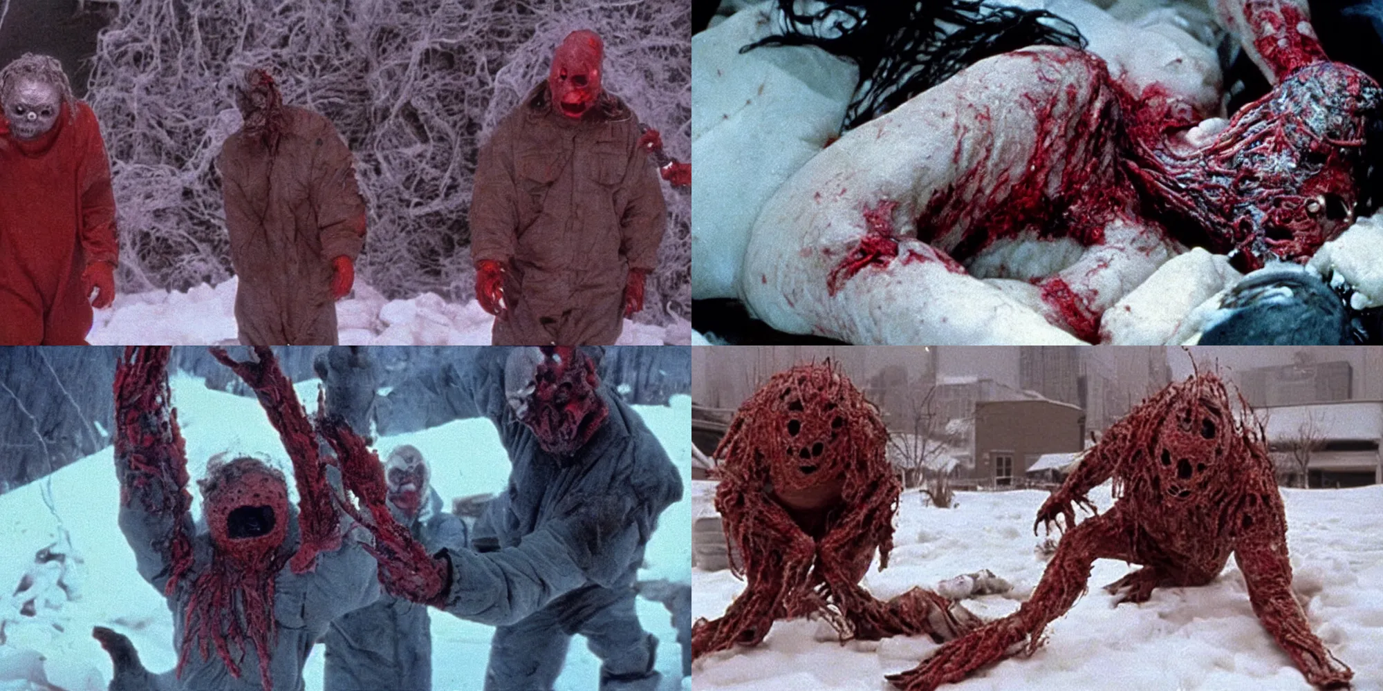 Prompt: slipknot body horror in the thing ( 1 9 8 2 ) directed by john carpenter, limb mutations, swollen veins, red flesh strings, antarctica, snow, flamethrower, cinestill 8 0 0 t, 1 9 8 0 s movie still, film grain