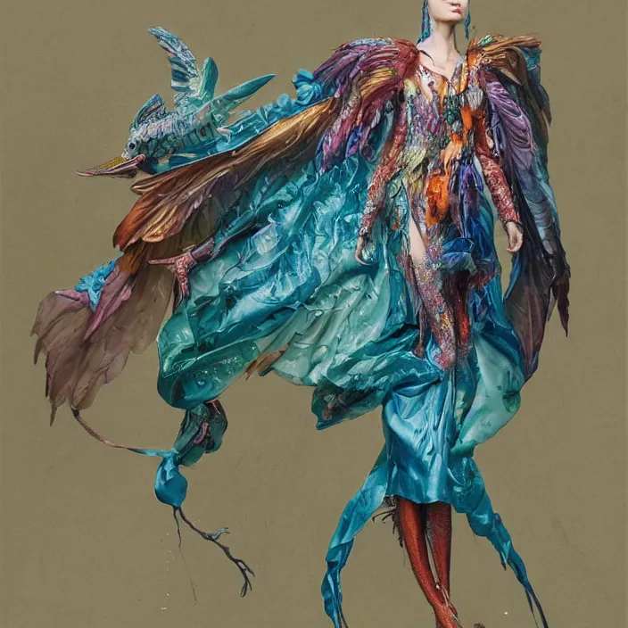 Prompt: a fashion editorial of sadie sinkas a brightly colored eagle amphibian hybrid with wet translucent mutated skin. wearing a mutated organic dress. by tom bagshaw, donato giancola, hans holbein, walton ford, gaston bussiere, peter mohrbacher, brian froud and iris van herpen. 8 k, cgsociety