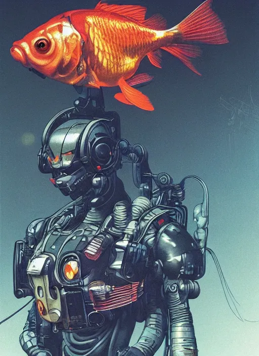 Image similar to goldfish piloting a mech suit. portrait by stonehouse and mœbius and will eisner and gil elvgren and pixar. realistic proportions. dystopian. cyberpunk 2 0 7 7, apex, blade runner 2 0 4 9 concept art. cel shading.