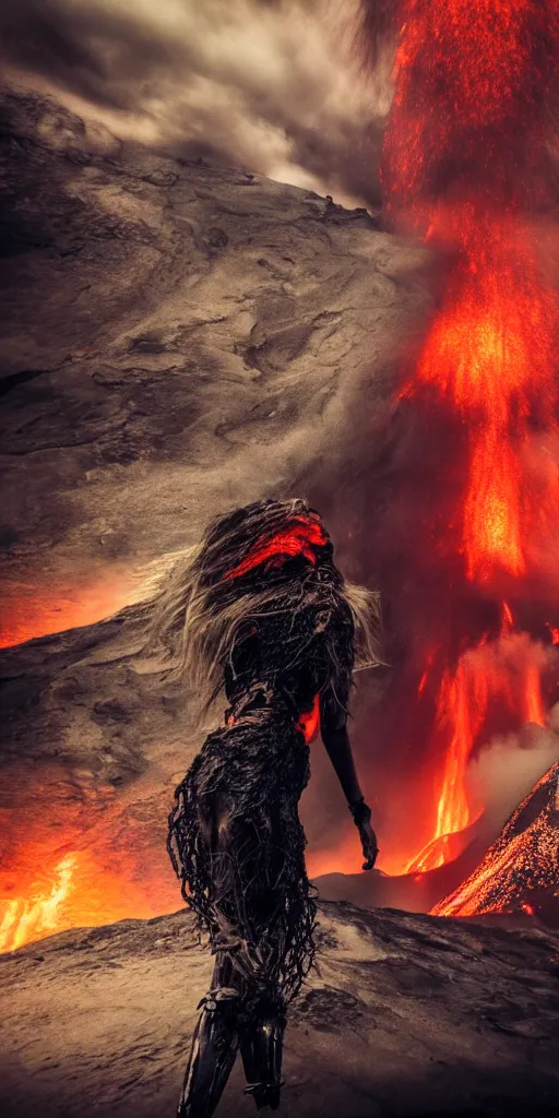 Prompt: volcano eruption apocalyptic scene with a long haired flowing blonde cyber girl futuristic runway rick owens bladerunner stormy weather high detailed photography result