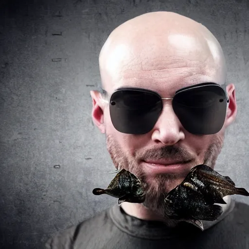 Prompt: bearded and bald man armed with a fish in matrix universe