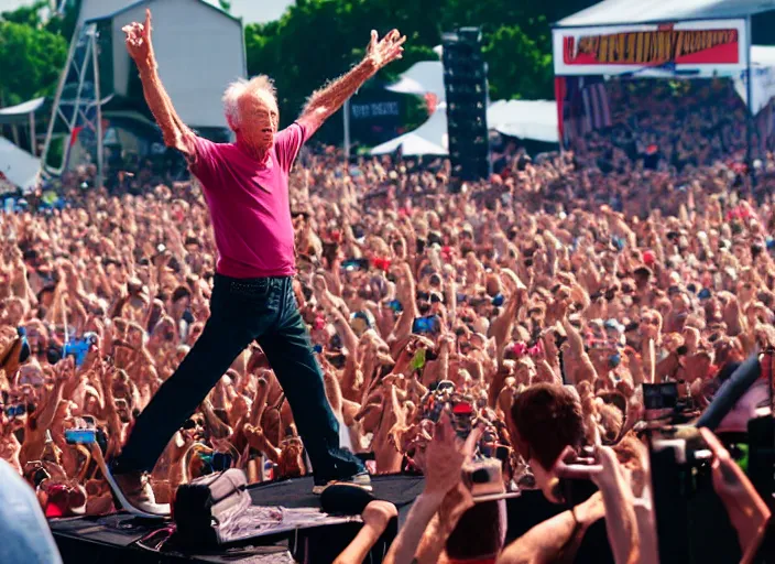 Image similar to photo still of clint eastwood on stage at vans warped tour!!!!!!!! at age 6 8 years old 6 8 years of age!!!!!!!! stage diving into the crowd, 8 k, 8 5 mm f 1. 8, studio lighting, rim light, right side key light