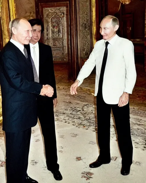 Image similar to sixty years old viktor tsoi with joyful look in a business suit shaking hands with vladimir putin in kremlin, mscow, color photo, mid shot photo, digital photo, 4 k