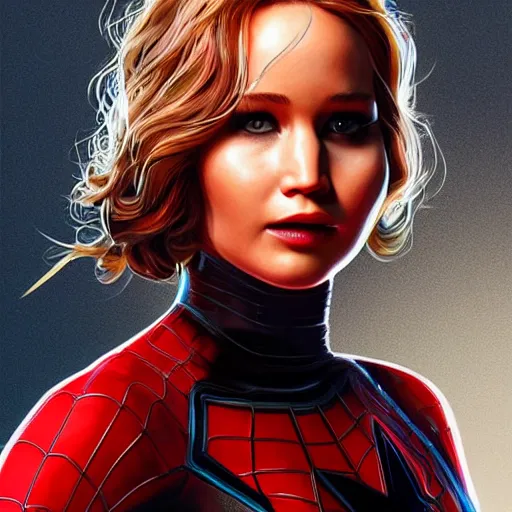 Image similar to Jennifer Lawrence as spiderwoman, intricate, highly detailed, digital painting, artstation, concept art, smooth, sharp focus, illustration, Unreal Engine 5, 8K, artgerm, rutkowski, mucha