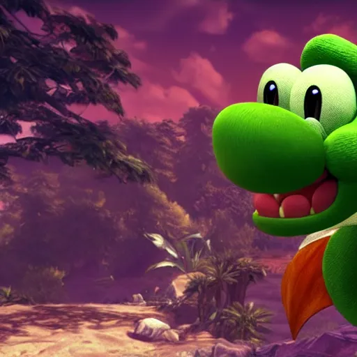 Prompt: screenshot of Yoshi in place of the dragon in the game league of legends. 3d render, unreal engine 5, 4K resolution