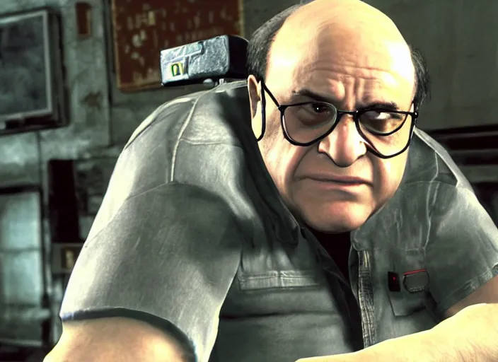 Image similar to video game still of danny devito in the video game resident evil 2,