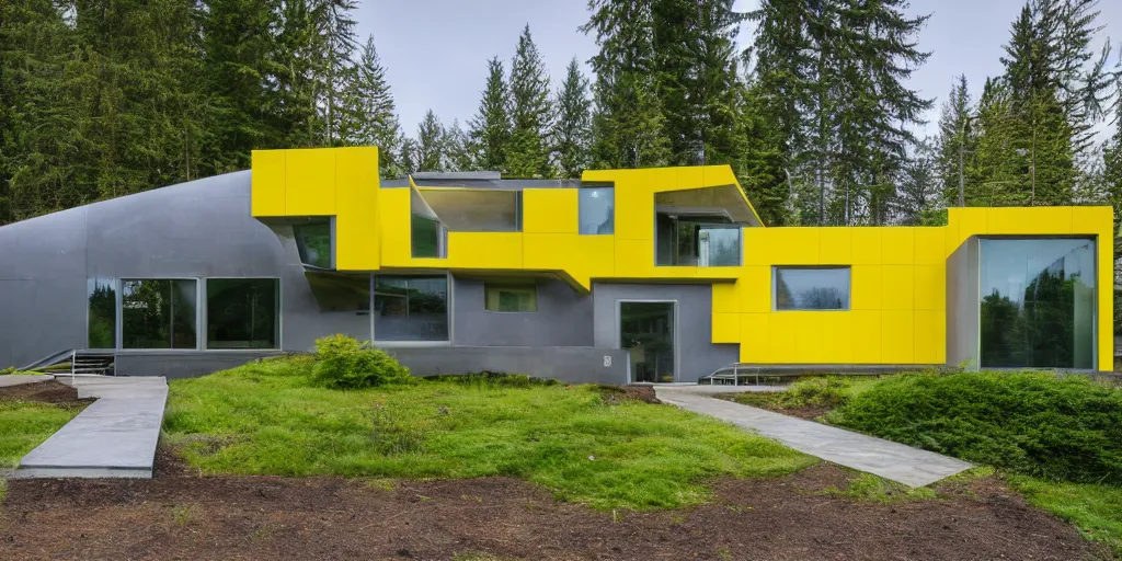 Prompt: large futuristic residence, cascadian, yellow concrete, large green glass windows, triangular elements, yellow metal