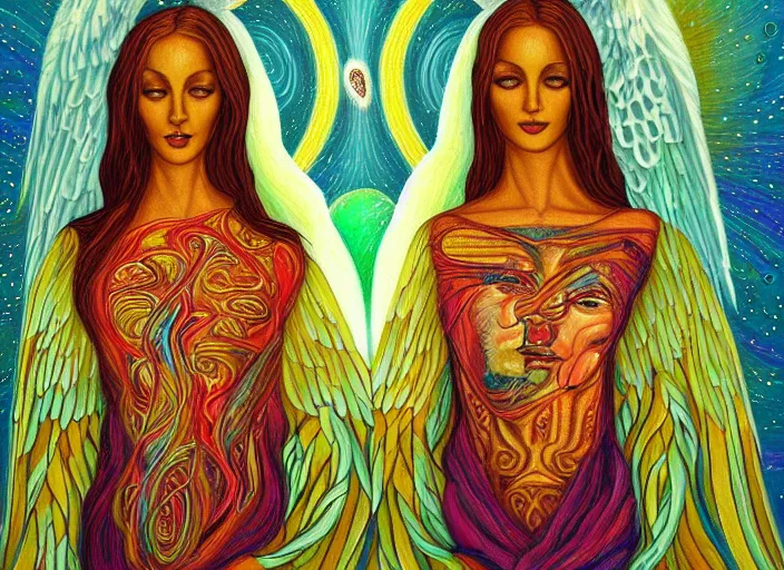 Image similar to a painting of two women standing in front of an angel, digital art by Amanda Sage, deviantart, psychedelic art, mystical, sense of awe, lovecraftian