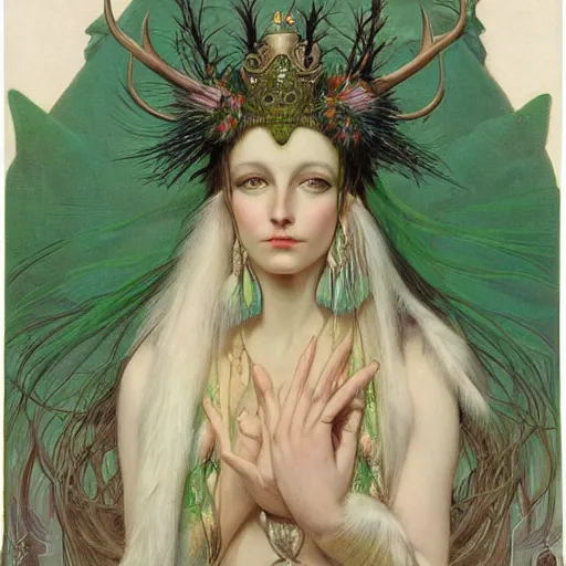 Prompt: a detailed portrait of a green haired queen of feathers with an antler crown by wayne barlowe and mucha