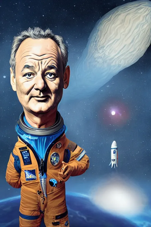 Image similar to giant Bill Murray head floating in cosmic space, space station, rockets, concept art, matte painting, detailed, intricate, concept art, artstation