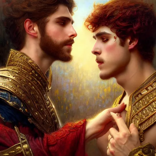 Prompt: attractive fully clothed king confesses his love for his attractive fully clothed male prince. highly detailed painting by gaston bussiere, tom bagshaw 8 k