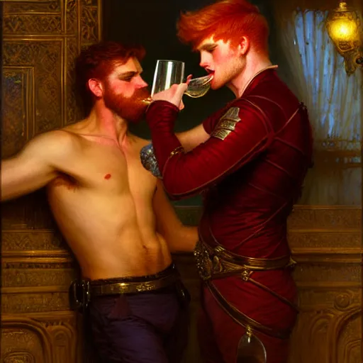 Image similar to attractive male mike with ginger hair and attractive male tyler with brunet hair, drinking their hearts out, in their noble mansion, at night. highly detailed painting by gaston bussiere, craig mullins, donato giancola, j. c. leyendecker 8 k