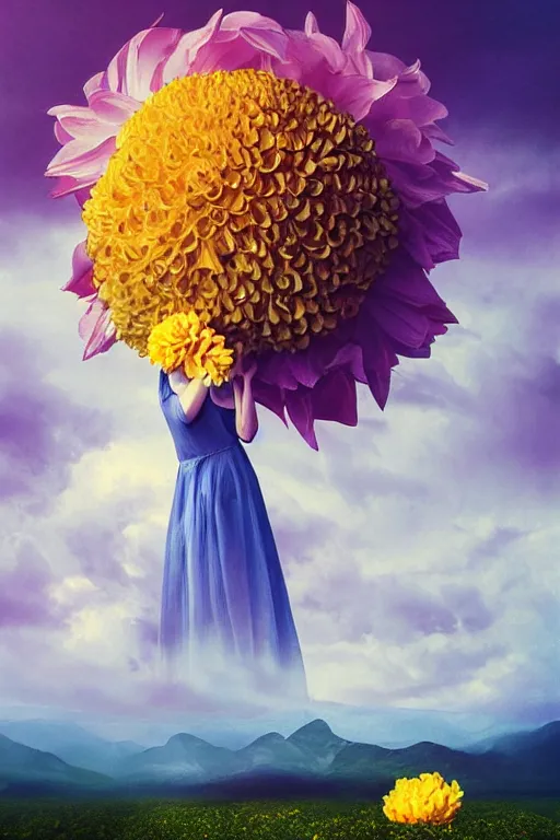 Image similar to closeup girl with giant yellow dahlia flower on head, standing on mountain, surreal photography, blue storm clouds, dramatic light, impressionist painting, digital painting, artstation, simon stalenhag