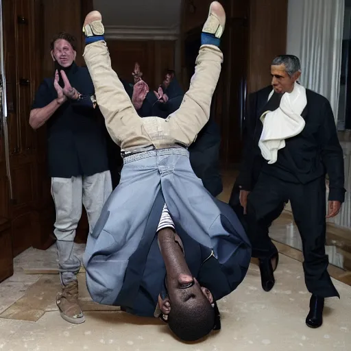 Prompt: Kanye West does a backflip on the White House while Barack Obama is watching